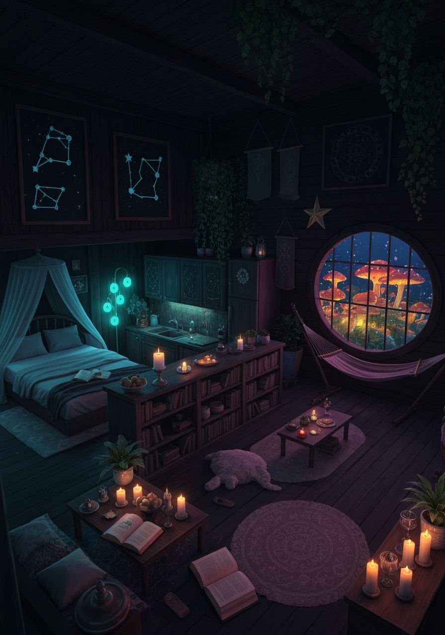 Dark Treehouse Loft Studio at Night