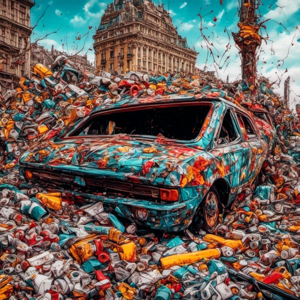 Abandoned Car Wreckage in Graffiti Art Style