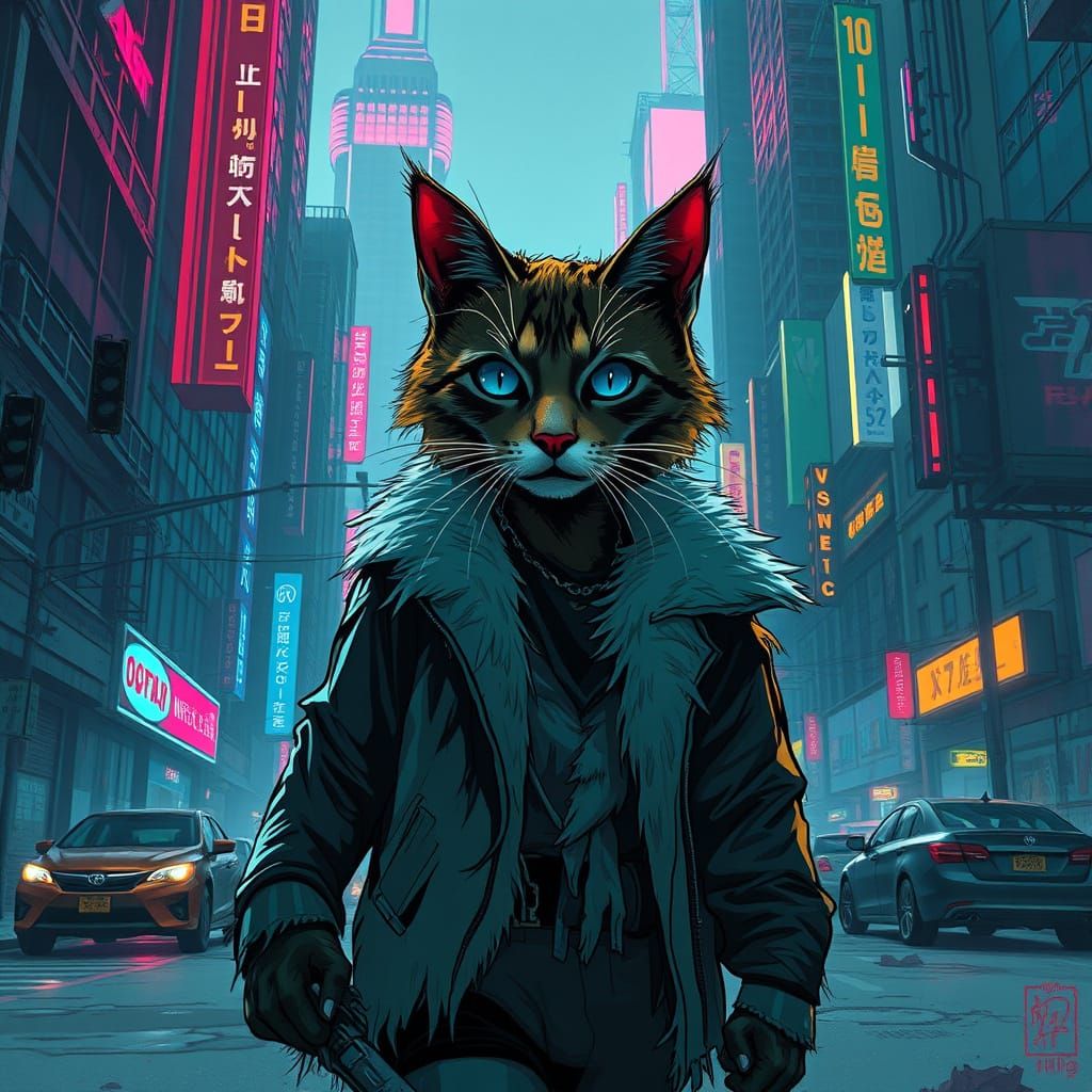 Cyberpunk Alley Cat Roaming Dystopian City Streets