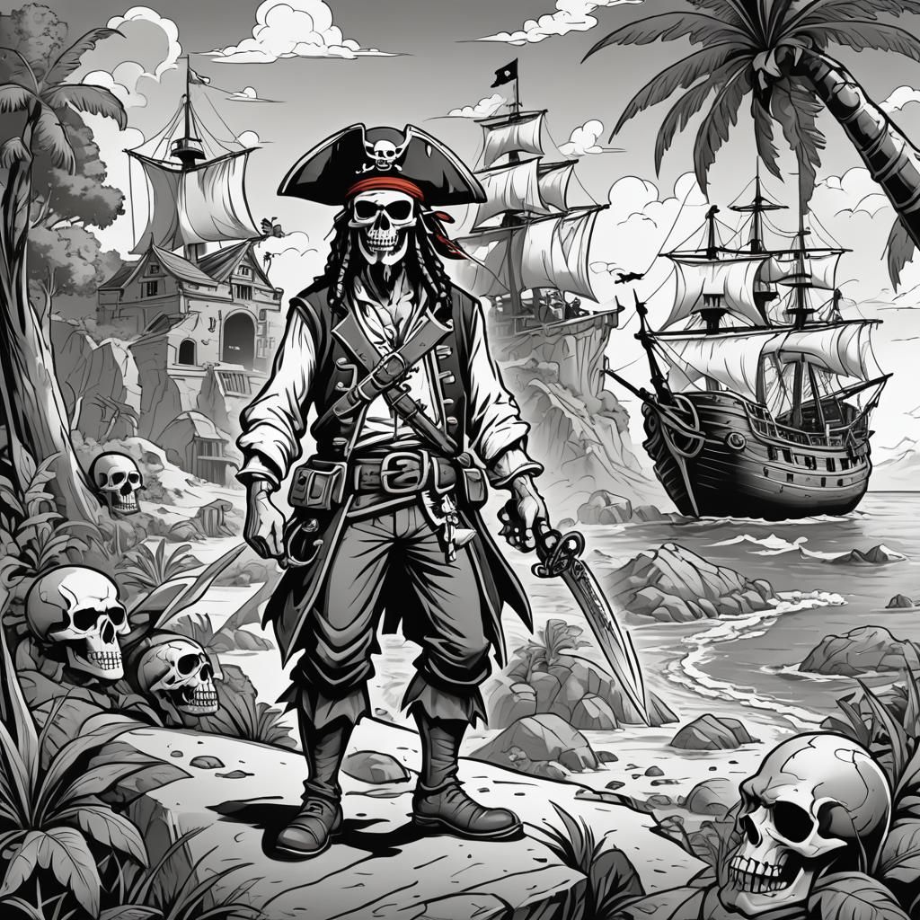 Cartoon Pirate with Saber on Skull Island