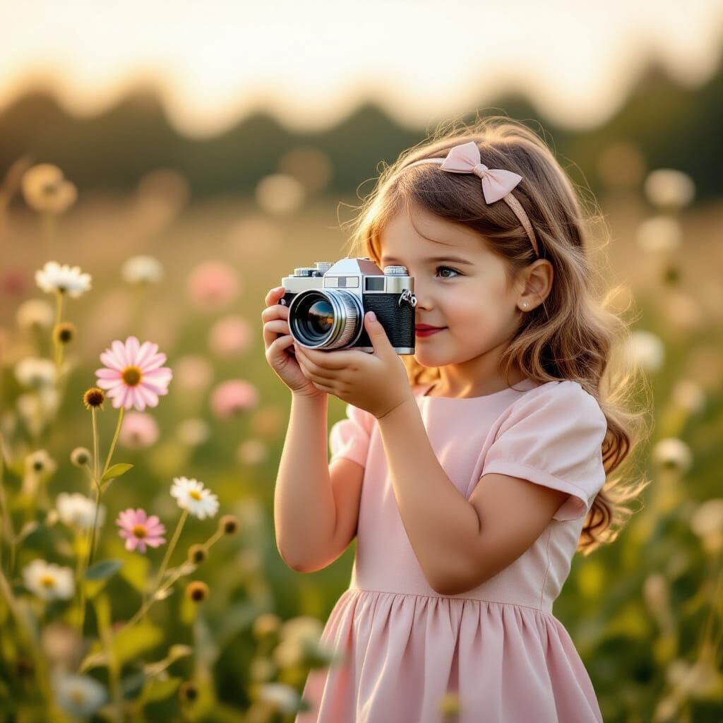 Retro Girl Captures Flower with Vintage Camera