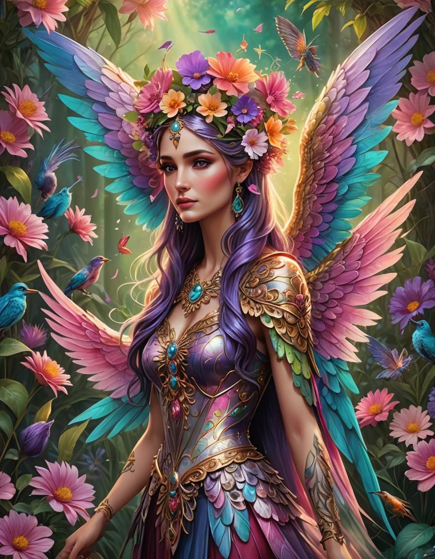 Fantasy Lady with Flowers and Wings