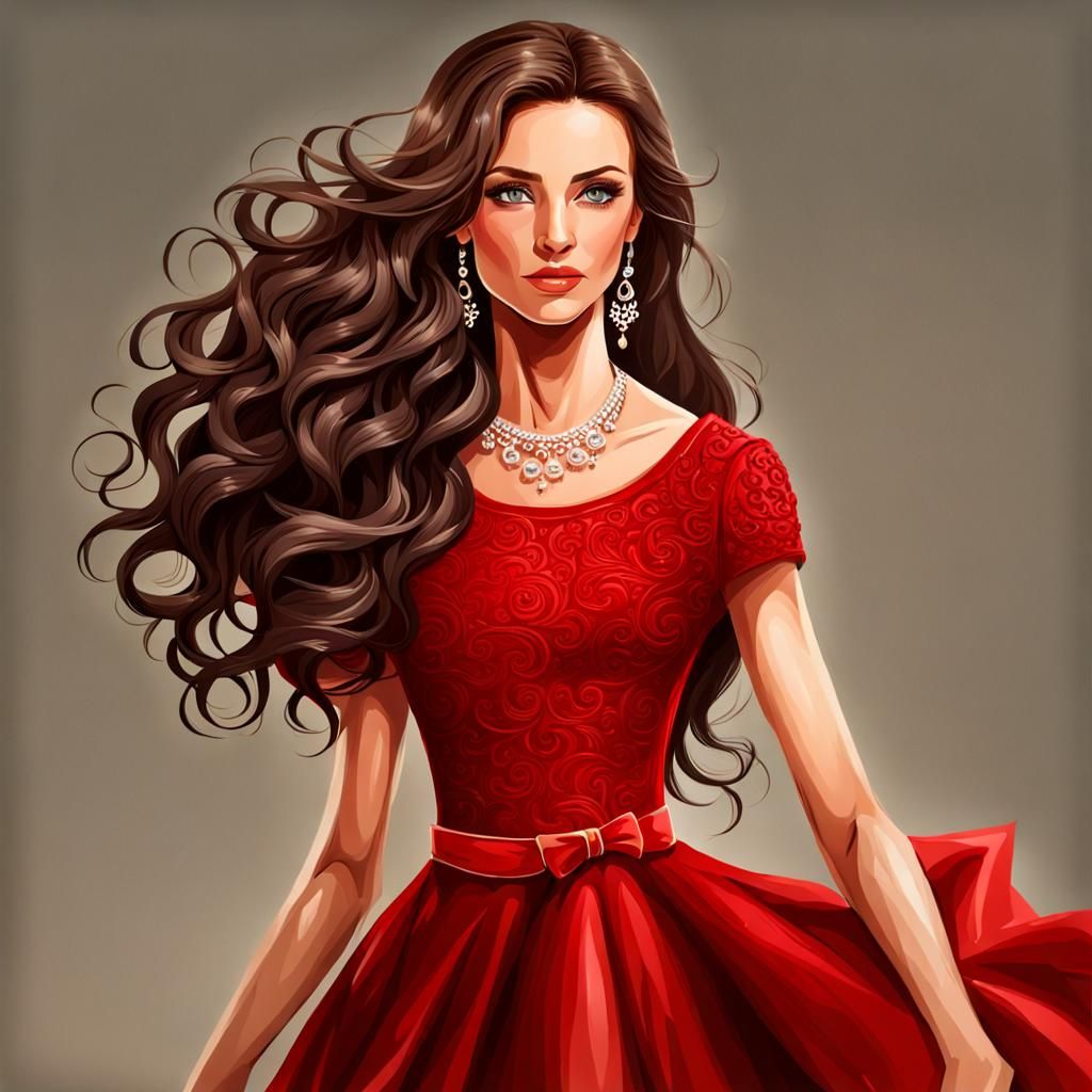 Realistic Portrait of a Beautiful Brunette in Red