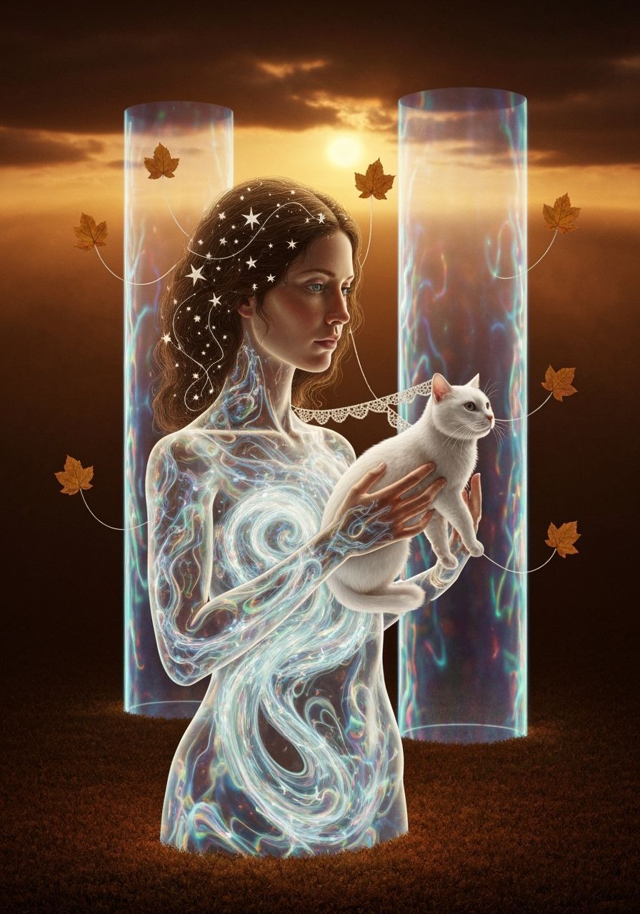 Surreal Woman and Cat Travel Through Plasma Portals