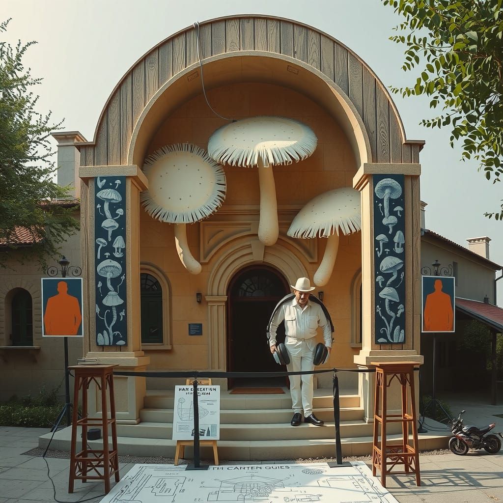 Hyperrealistic Mushroom Flags and Sculptures in Blue and Whi...