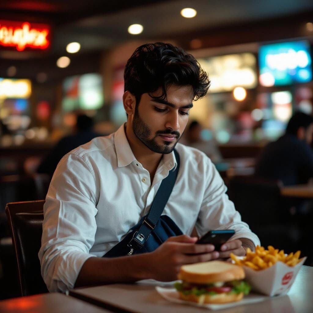 South Asian Man at Cinema Canteen, Candid Photo