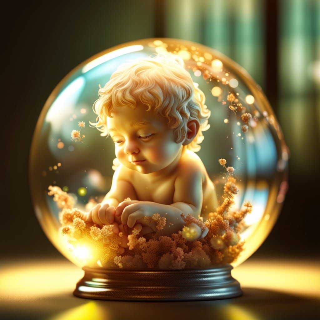Playful Cherub in Glass Sphere: Photorealistic CGI Art
