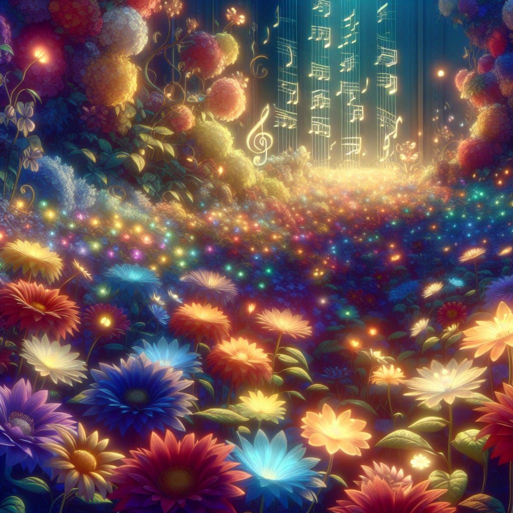 Disney Pixar style 3D stunning and ethereal scene titled 'flower song.' The scene features vibrant, blooming flowers in ...