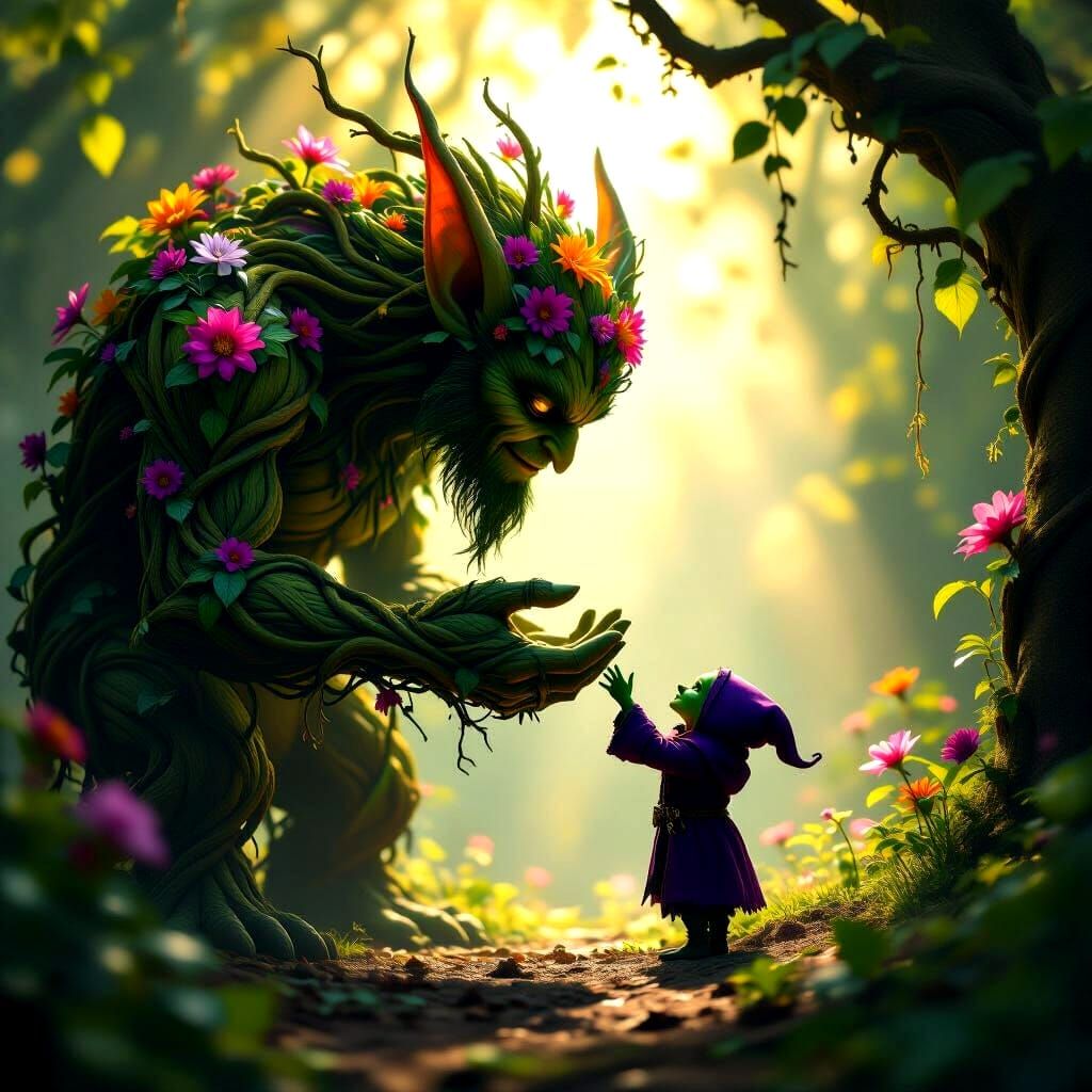 Giant Nature Elemental Lifts Goblin in Dappled Light