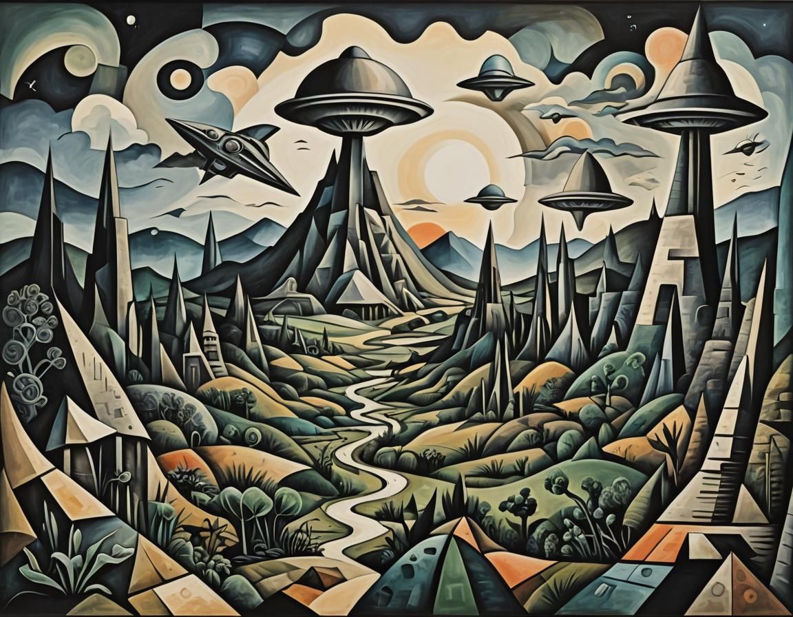 Abstract Alien Landscape with Spaceship in Cubist Style