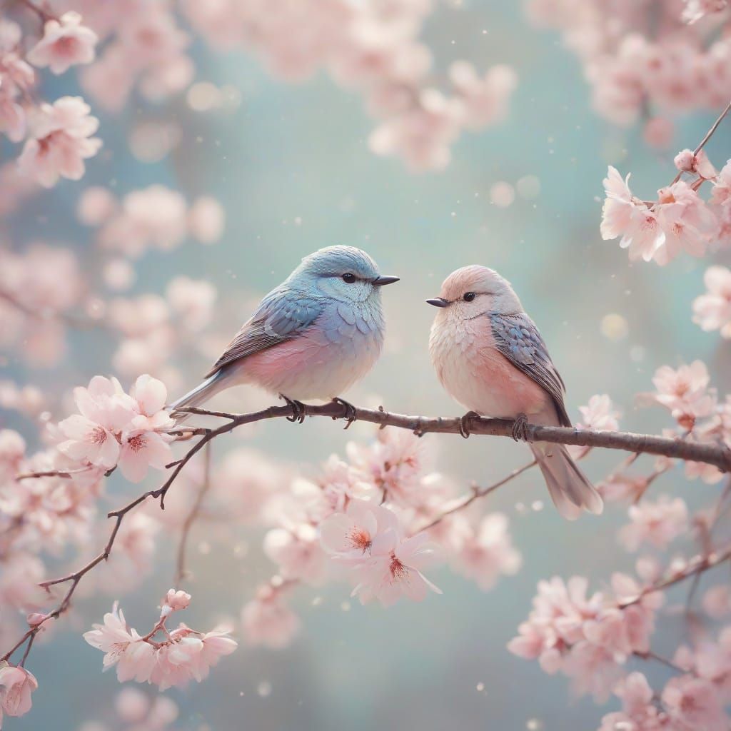 Vibrant Whimsical Blossom Tree Bird in Dreamlike Japanese Ar...