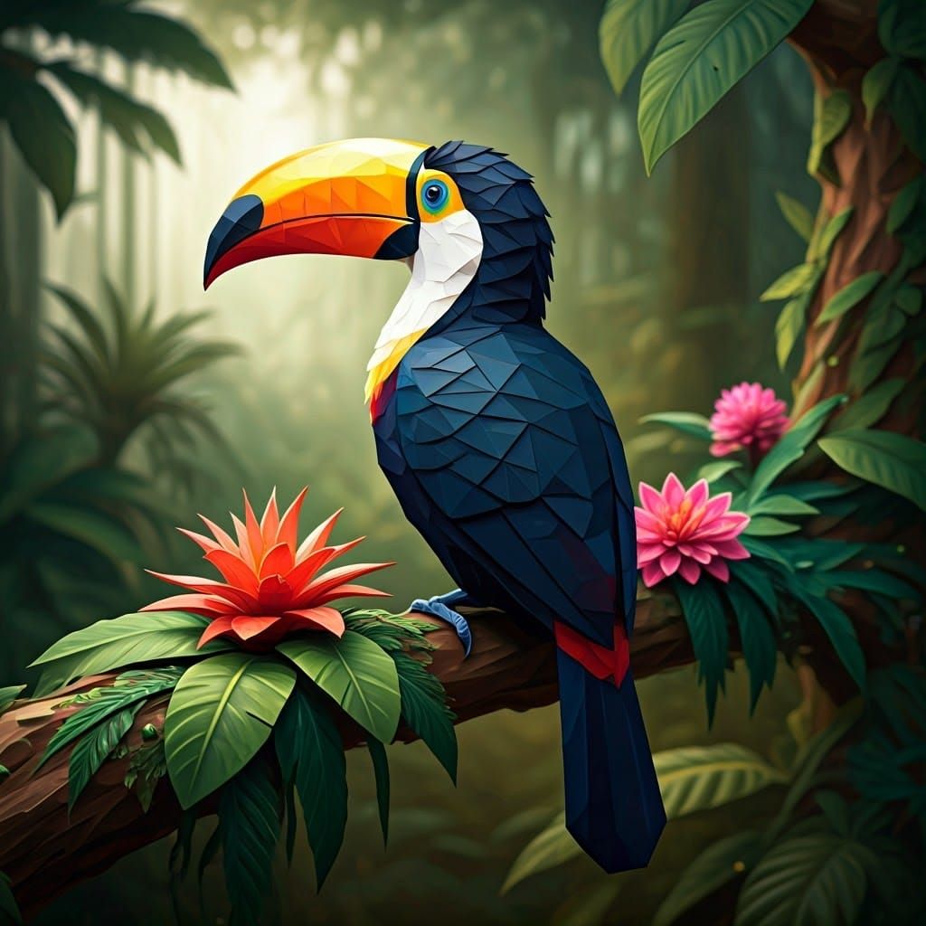 Enameled Glass Toucan Sculpture in Geometric Cubist Style