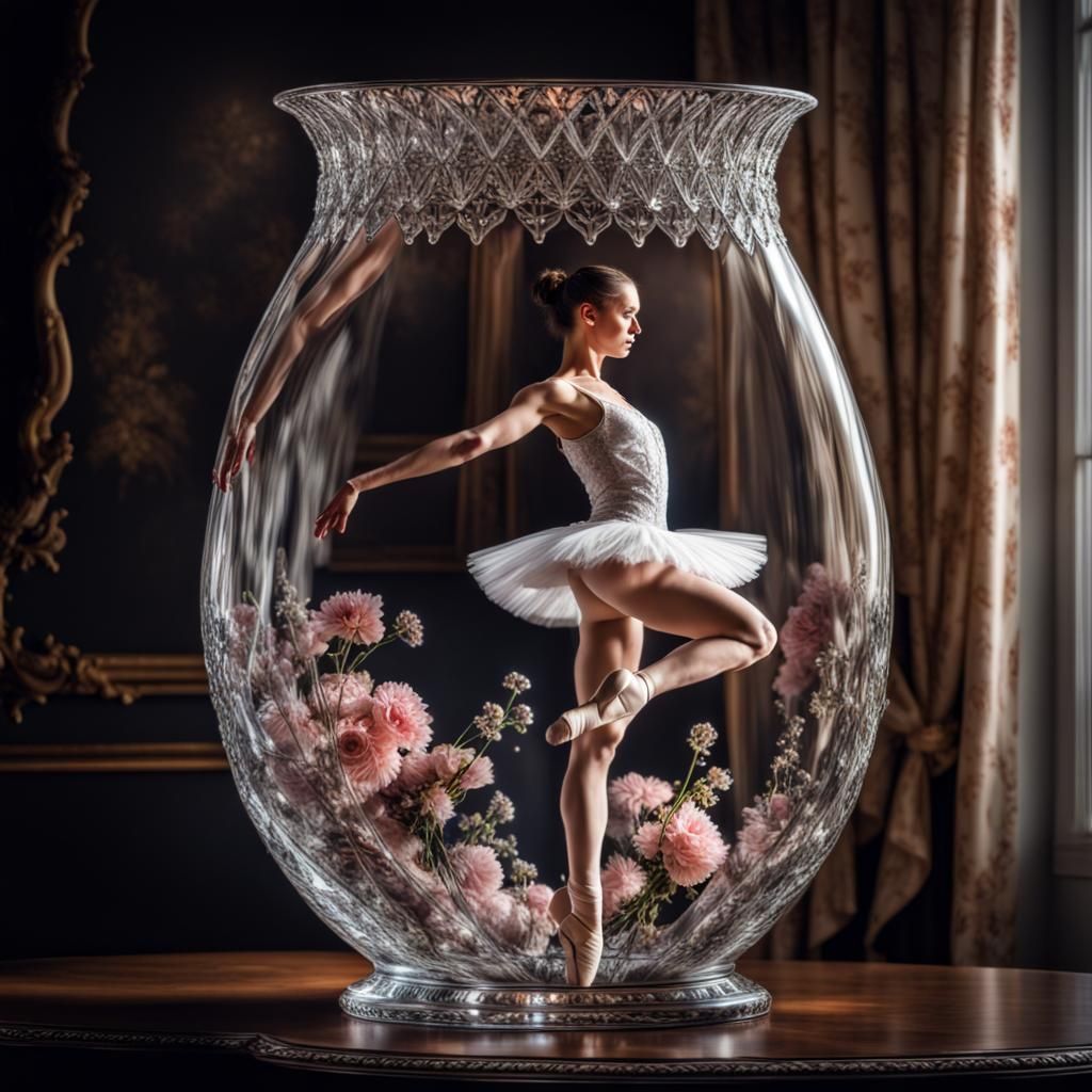 Ballerina Emerges from Crystal Vase: Hyperrealistic HDR