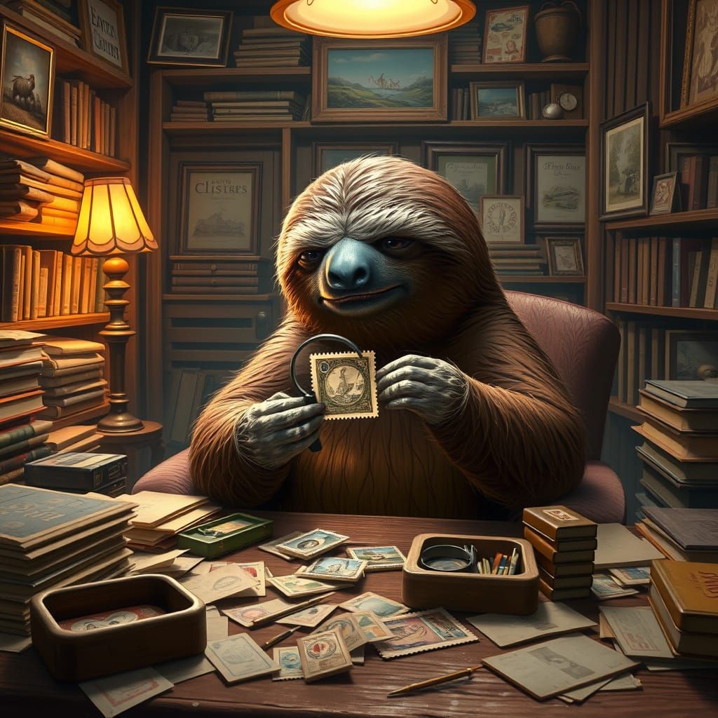 Whimsical Sloth Collects Rare Stamps in Cozy Study