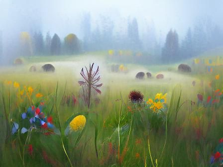 Serene Foggy Meadow at Dawn