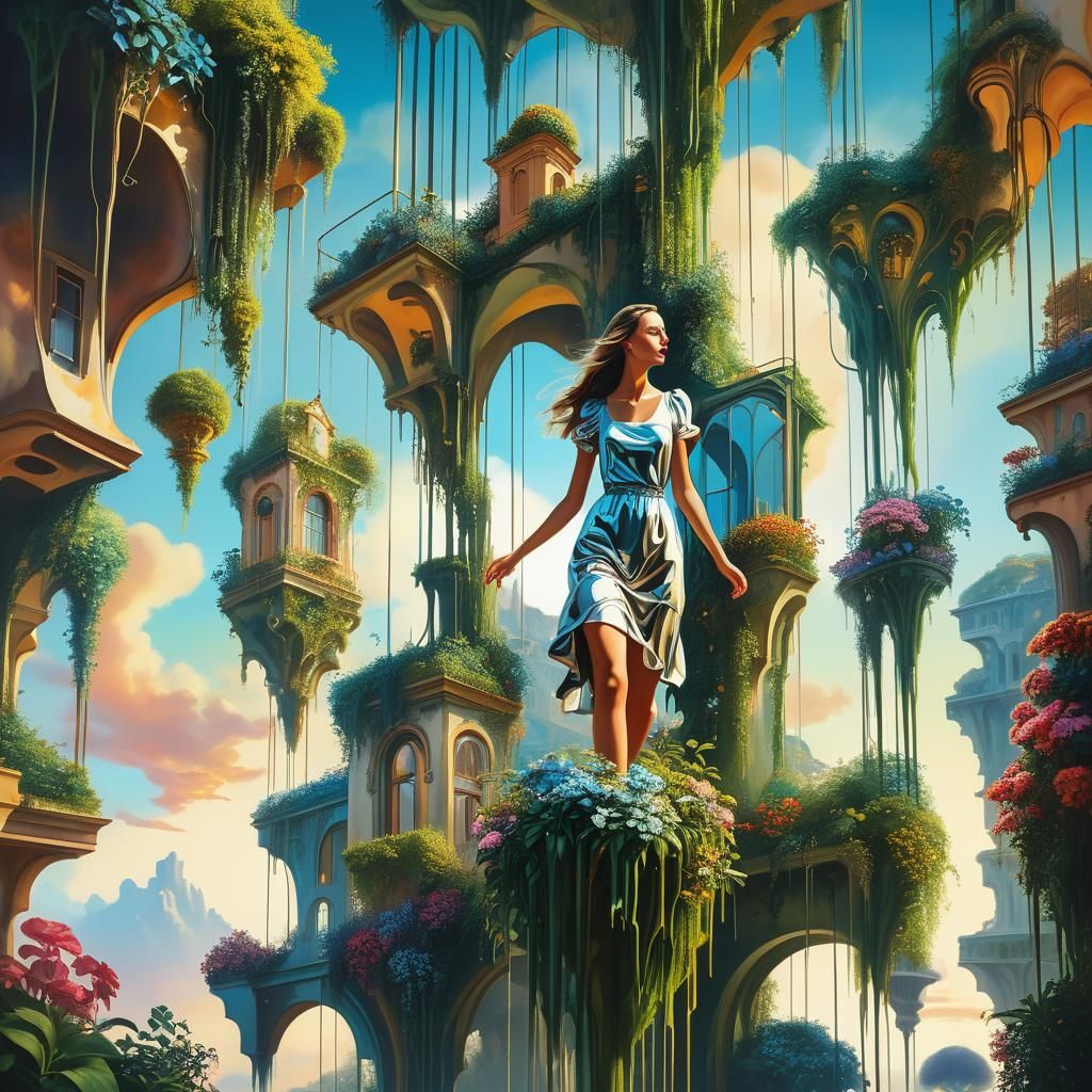 Woman in Surrealist Hanging Gardens: Oil Painting