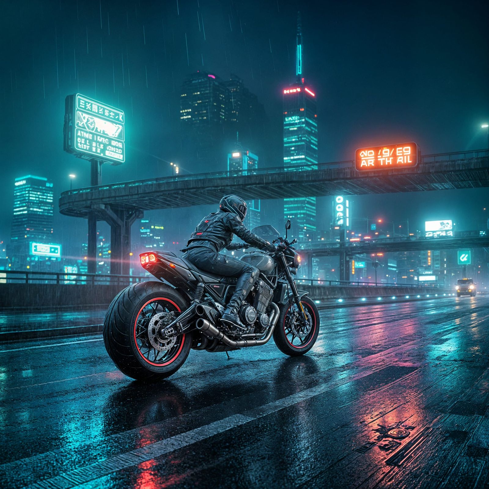 Cyberpunk Motorcycle on Rainy Highway at Night