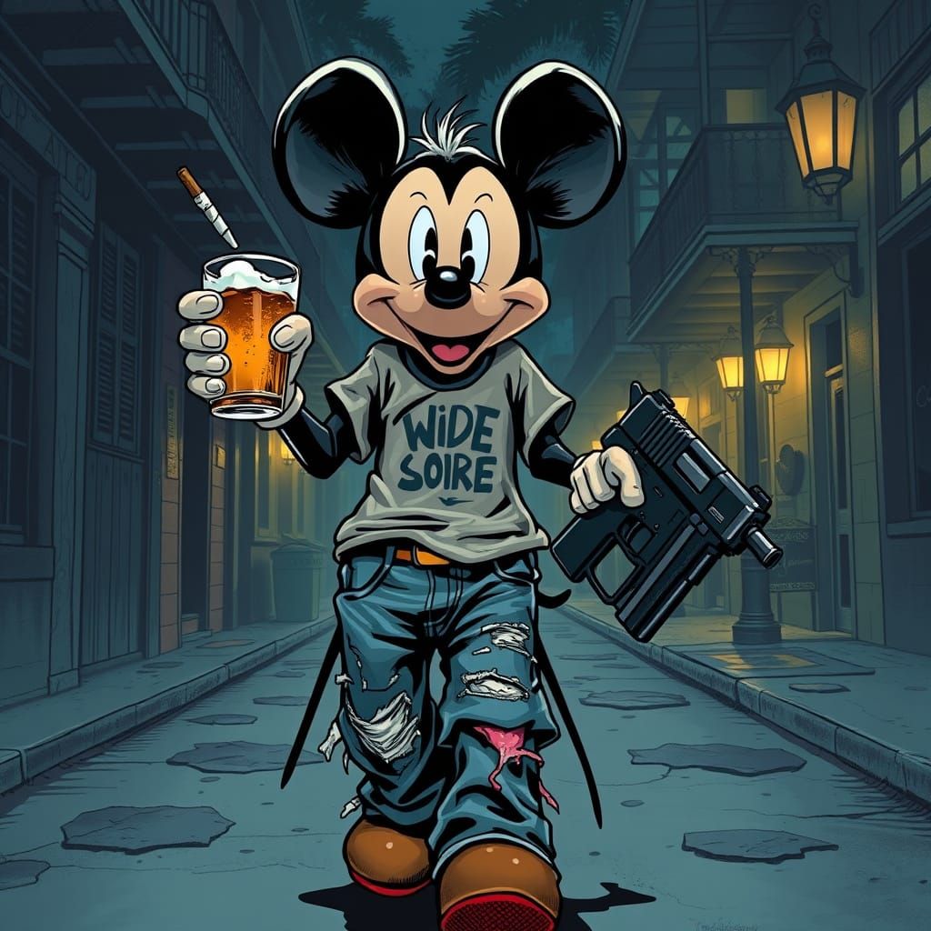 Gritty Mickey Mouse in Dark New Orleans