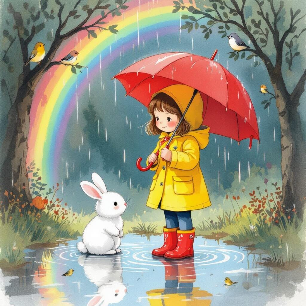 Whimsical Girl with Umbrella and Bunny