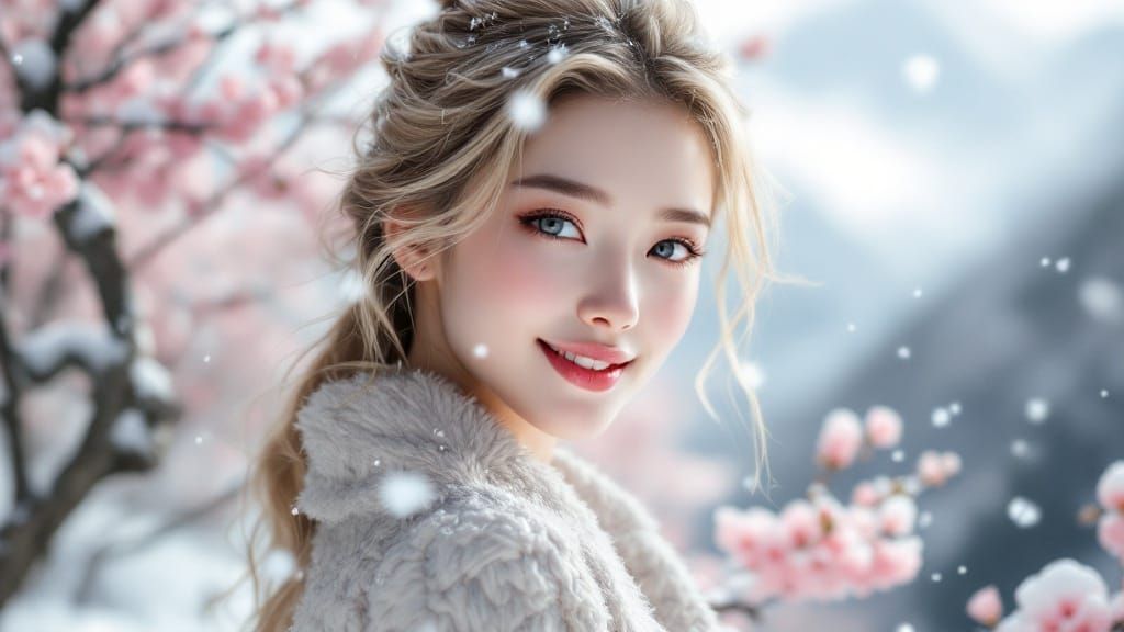 Blonde Woman Portrait in Winter Wonderland