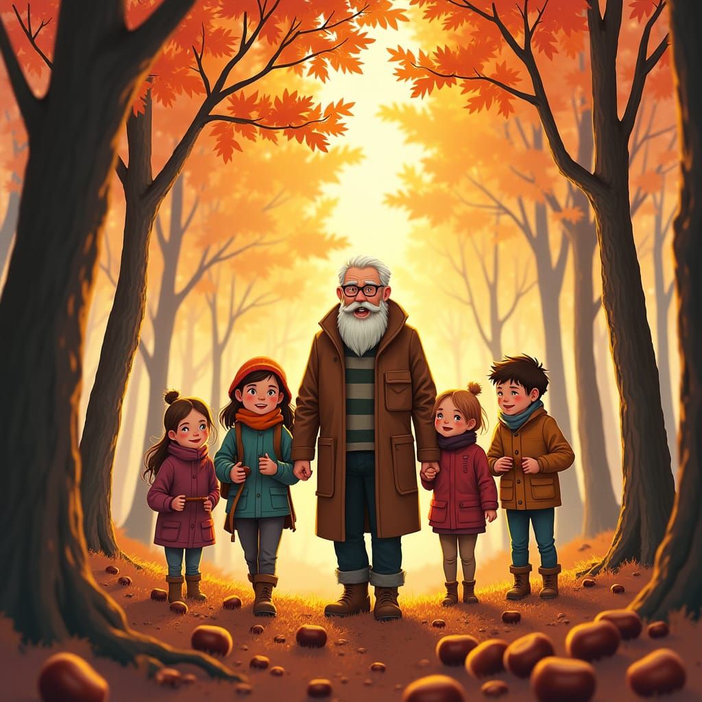 Autumn Chestnut Gathering in Vibrant Comic Style