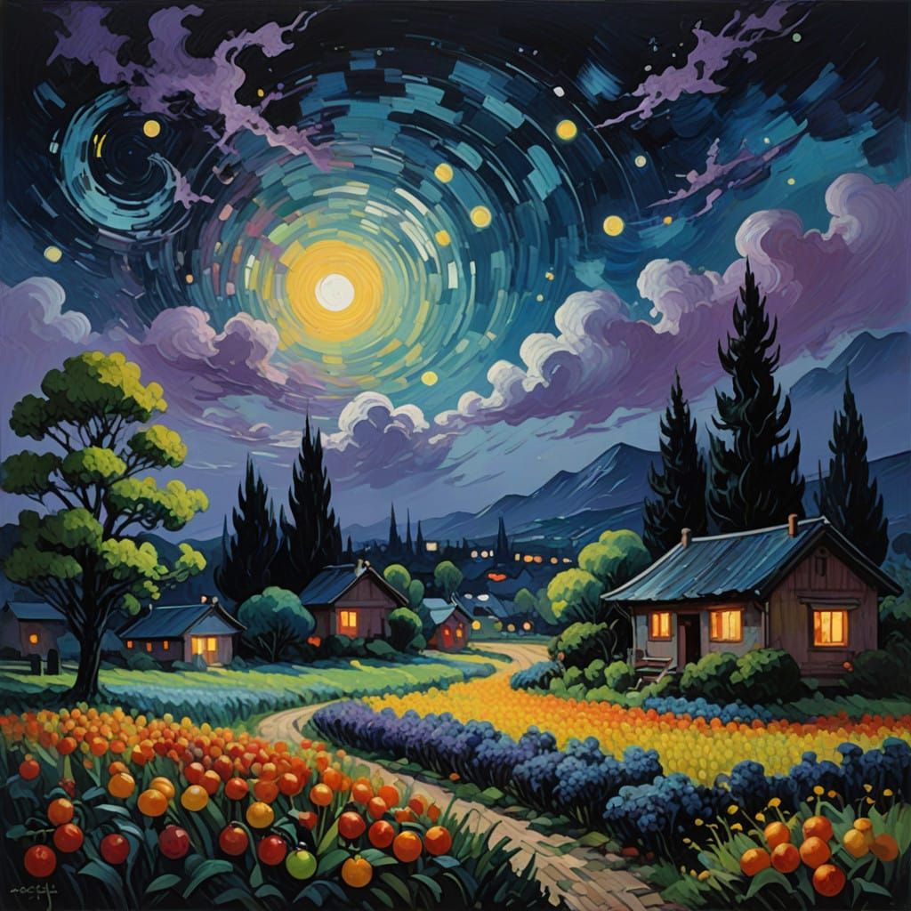 Dreamy Nocturnal Landscape with Vibrant Fruits and Vegetable...