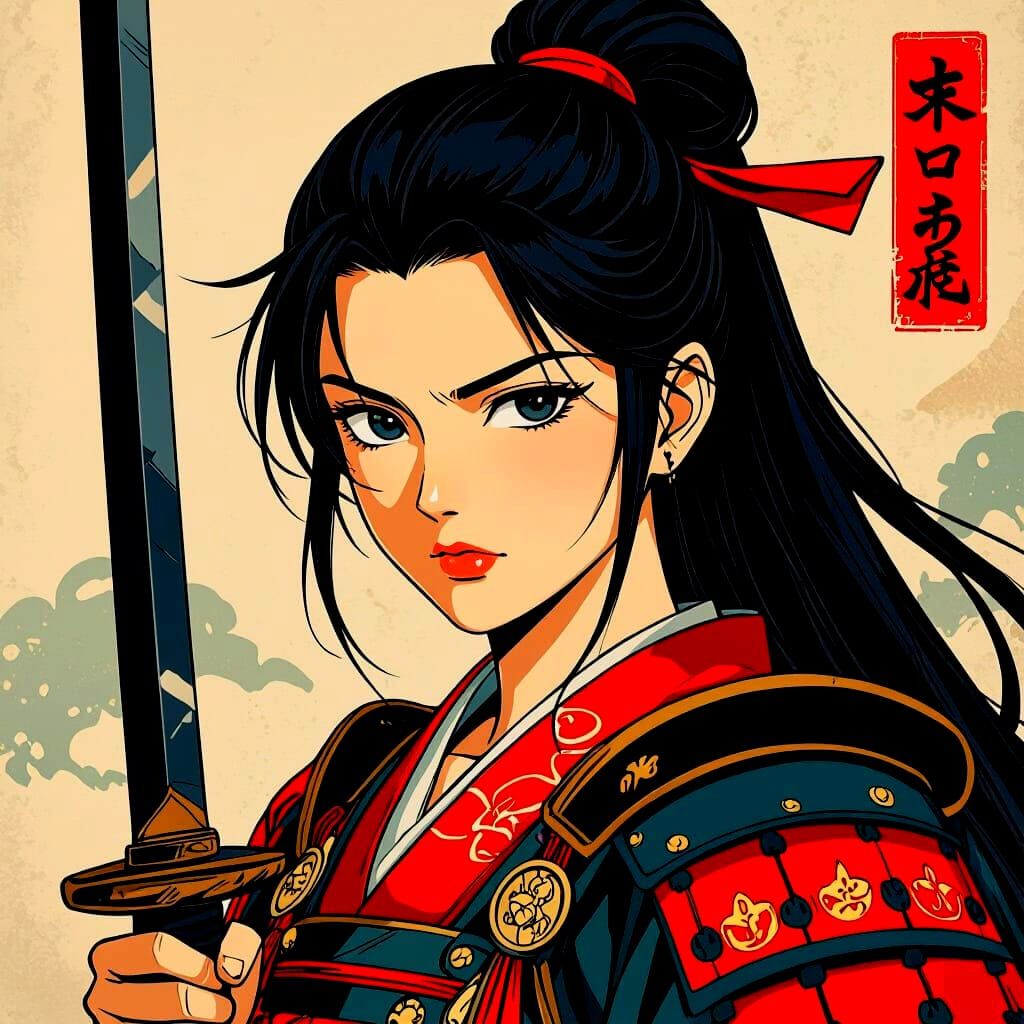 Female Warrior Portrait in Manga Style, Ukiyo-e