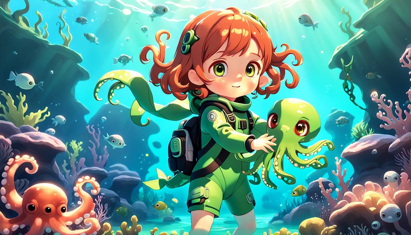 Little Girl with Octopus in Vibrant 3D Anime Art
