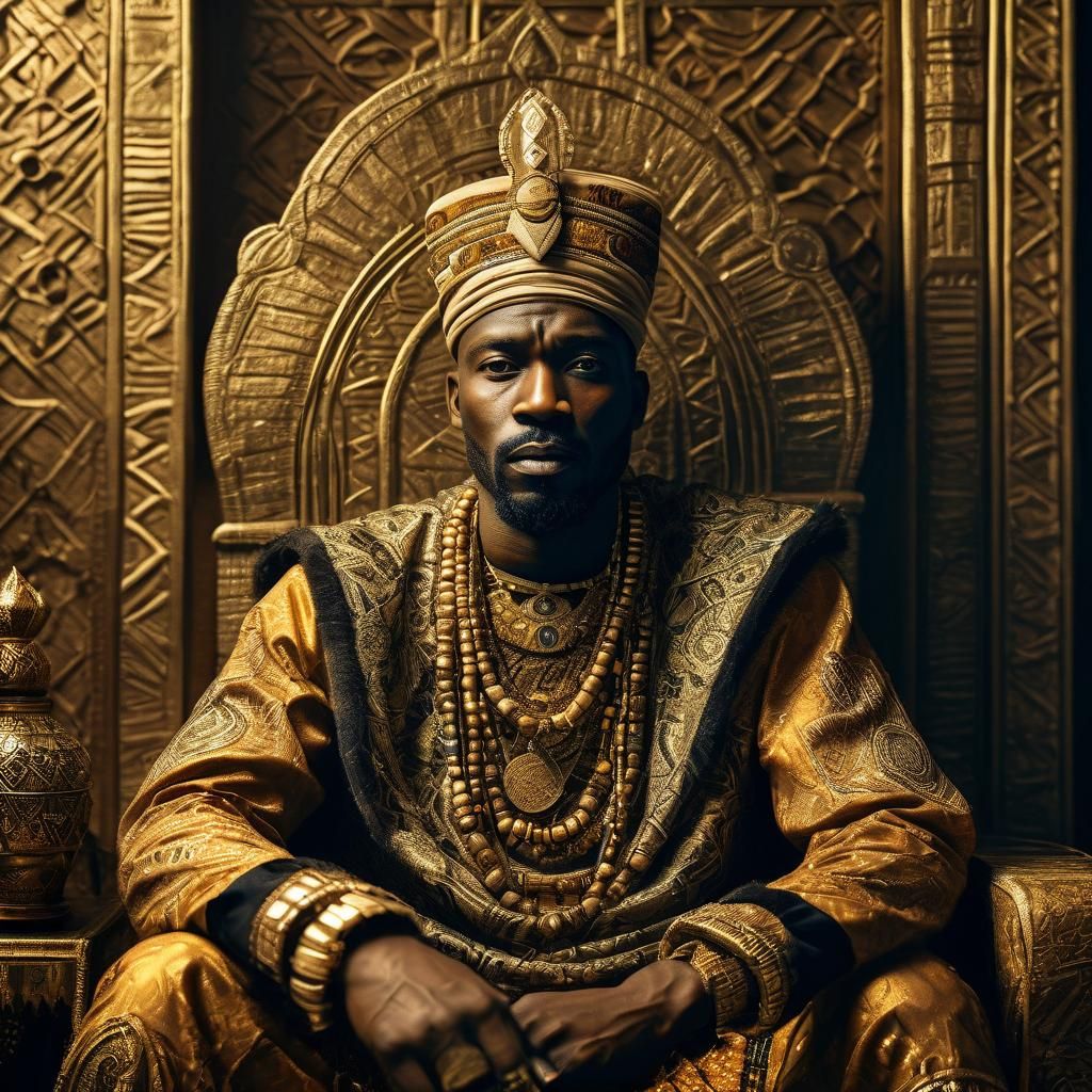 “Realistic photo, close-up: Noble portrait of Mansa Musa in romantic style by Charles Sillem Lidderdale; African iconogr...