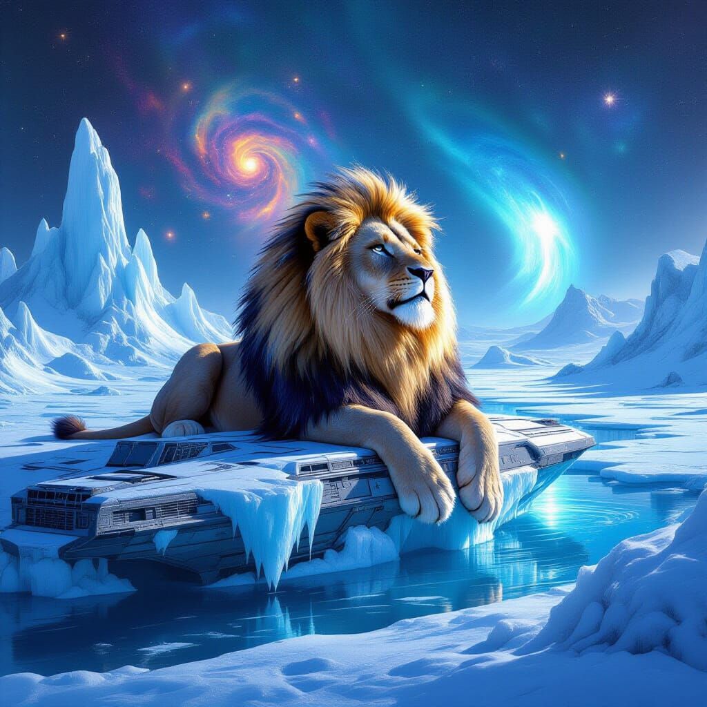 Cosmic Lion on Ice Asteroid, Nebula Mane