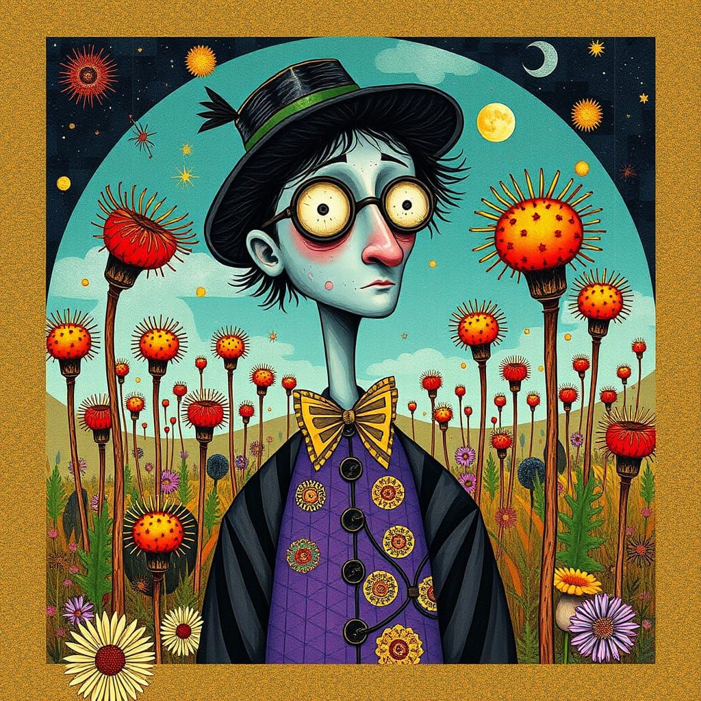 Whimsical Wanderer in a Surreal Garden
