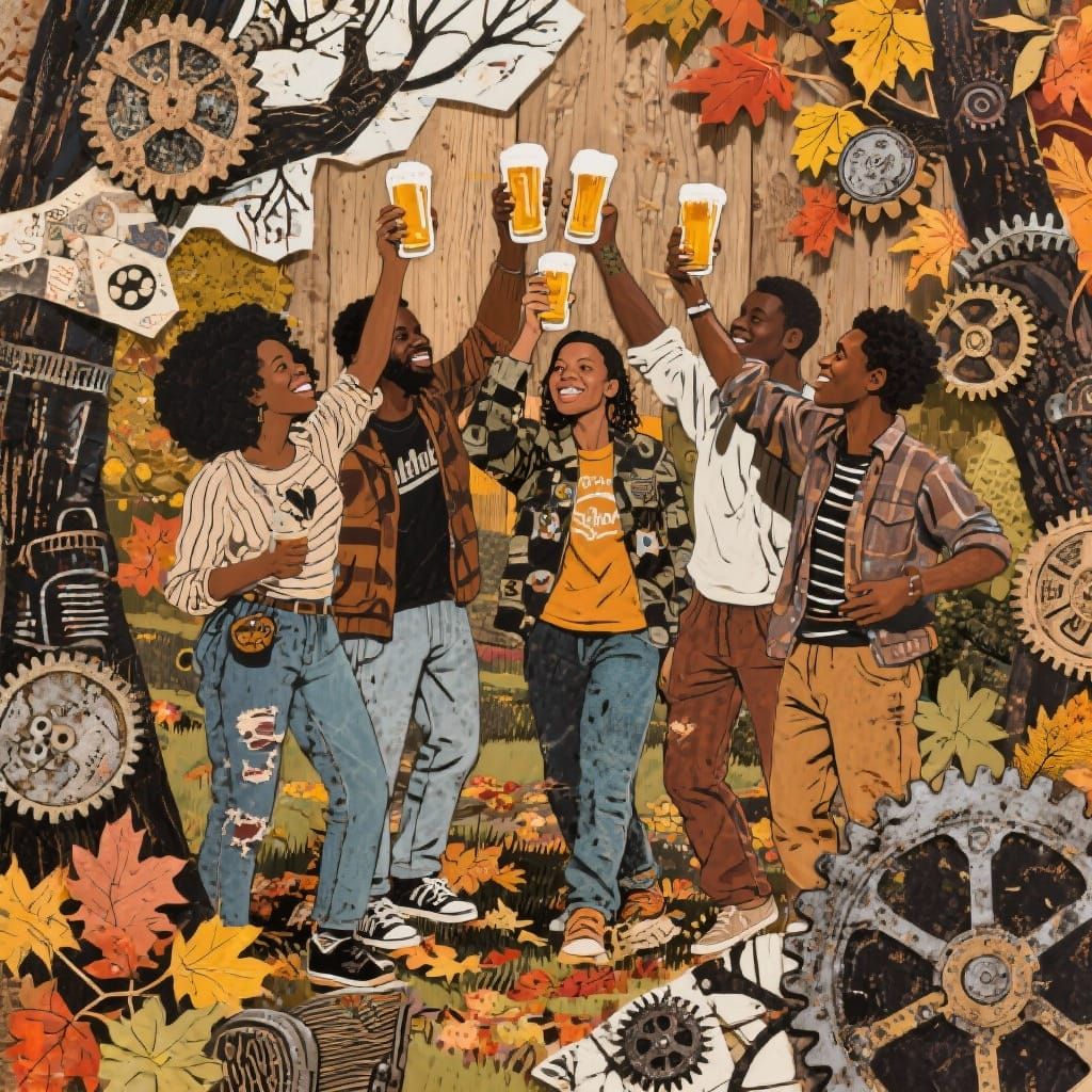 Friends Celebrate Fall with Beer in Steampunk Collage Style