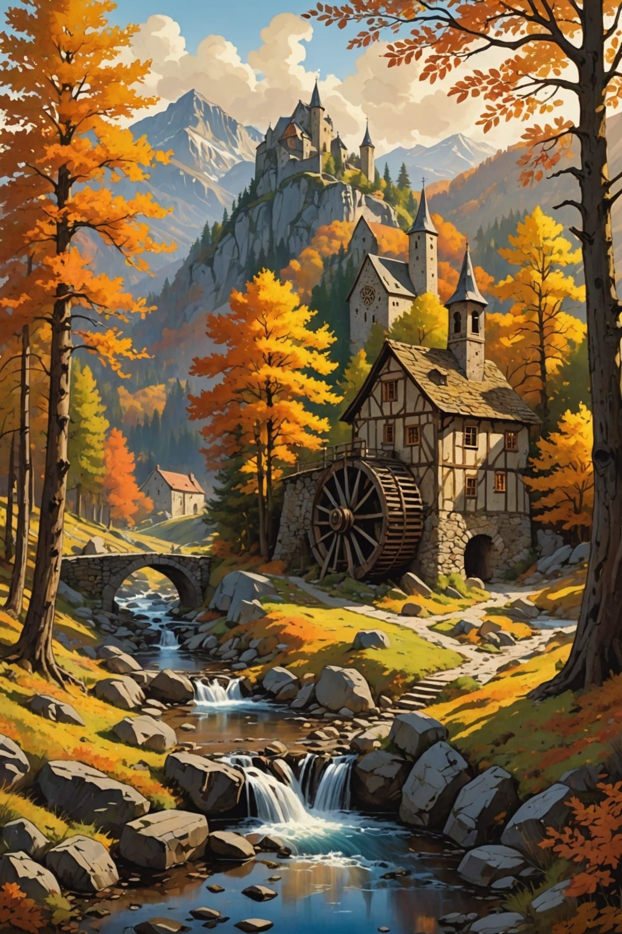 Autumnal Mountain Landscape with Ancient Village, Inspired b...