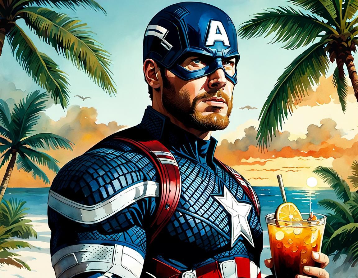 Captain America's Tropical Island Retirement Watercolor