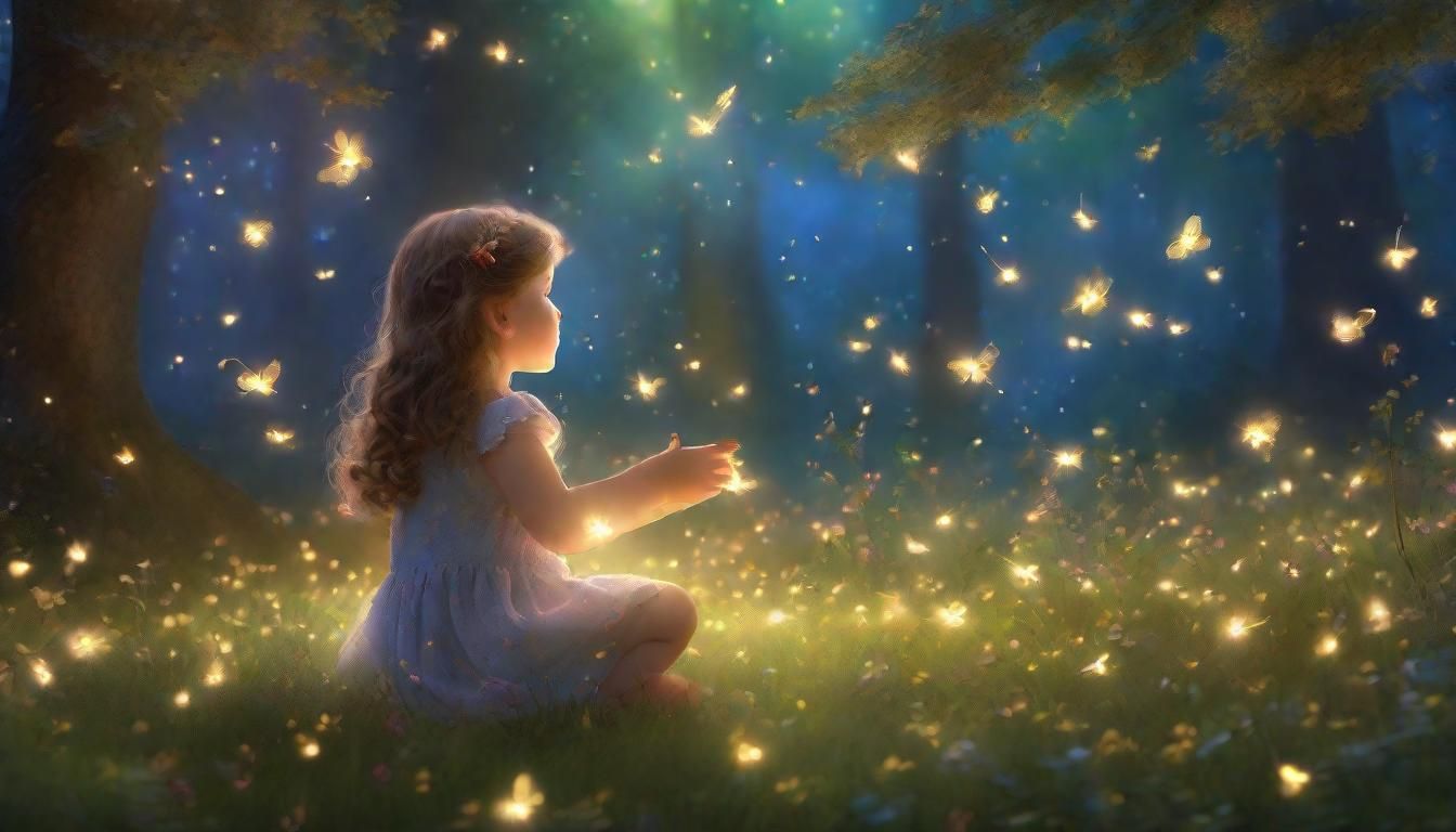 Child in Mystical Forest with Fireflies, Digital Art