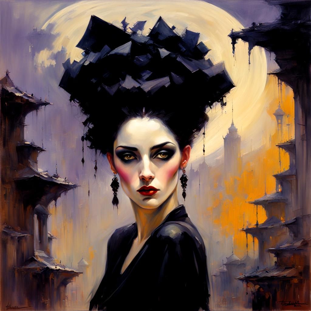 Gothic Woman in Moonscape: A Bauhaus Art Nouveau Romance