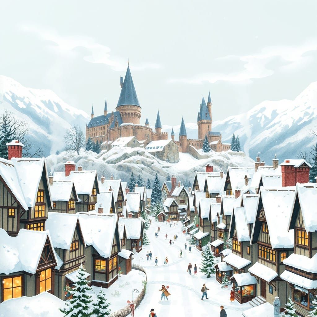 Winter Wonderland Hogsmeade Village under Frosty Skies