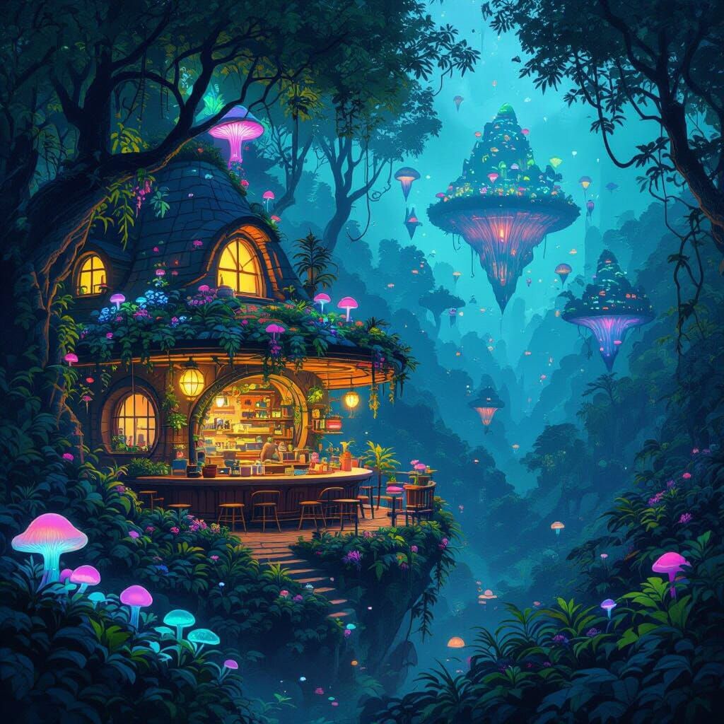 Alien Rainforest Cafe with Neon Flora and Floating Islands