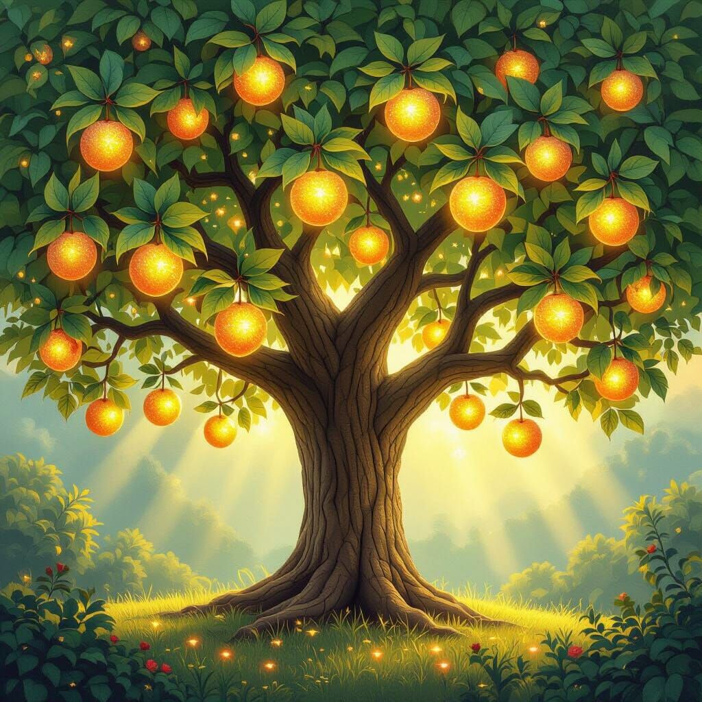 Tree of Good Deeds with Luminous, Etched Fruits