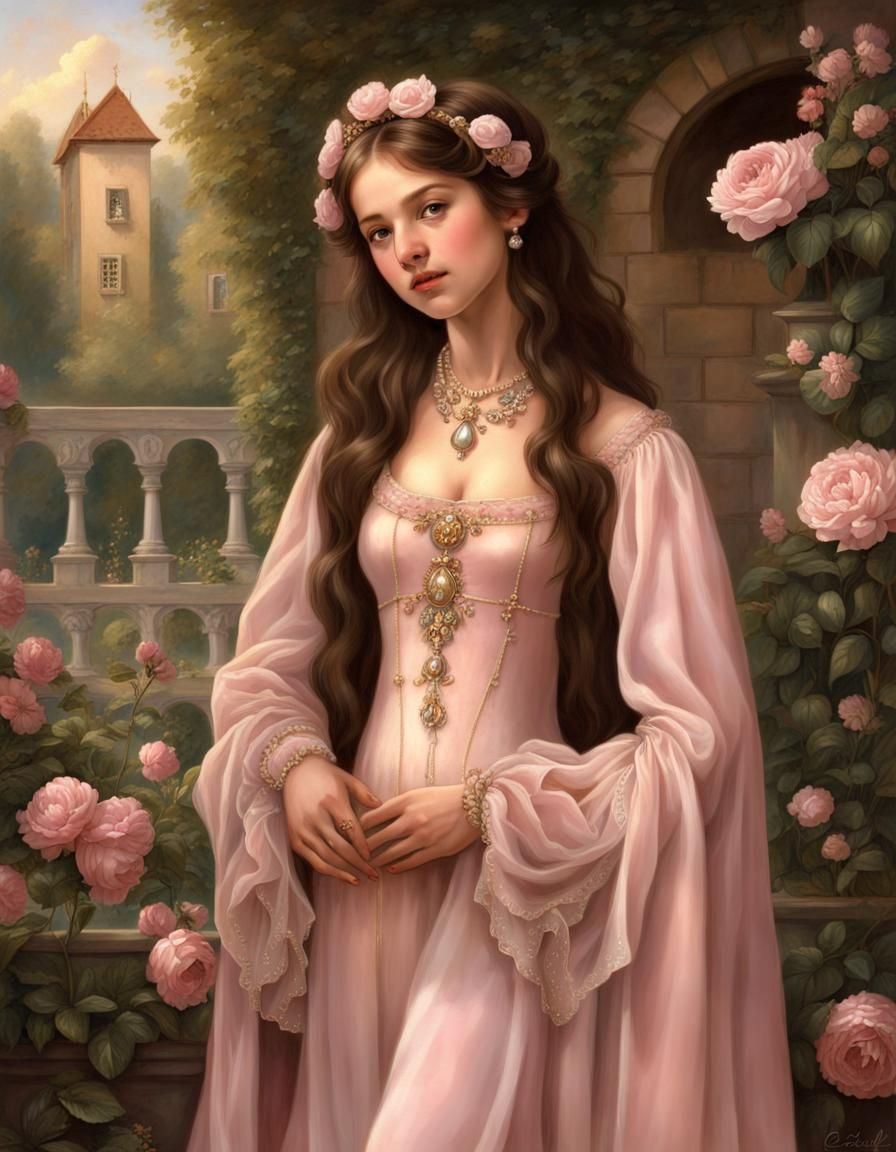 Renaissance Woman in Golden Gown with Pearl Jewelry