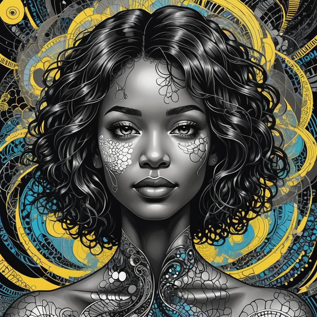 Neon Vector Portrait with Abstract Fractal Elements