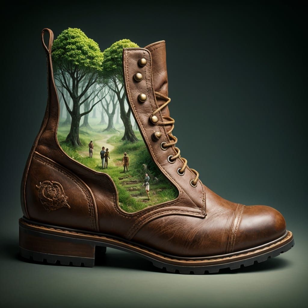Surreal Boot Holds Miniature Landscape with People and Trees