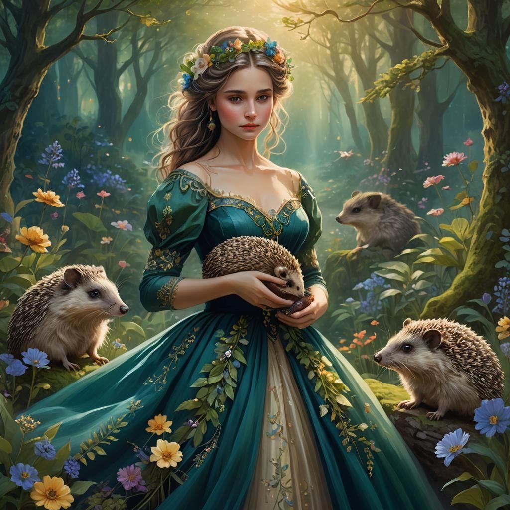 Elegant Lady with Hedgehog in Fantasy Forest