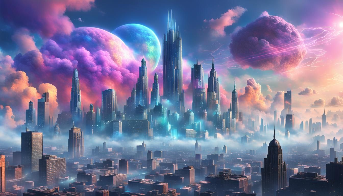 Ethereal Beings in Electric Cloud City: Digital Matte Painti...