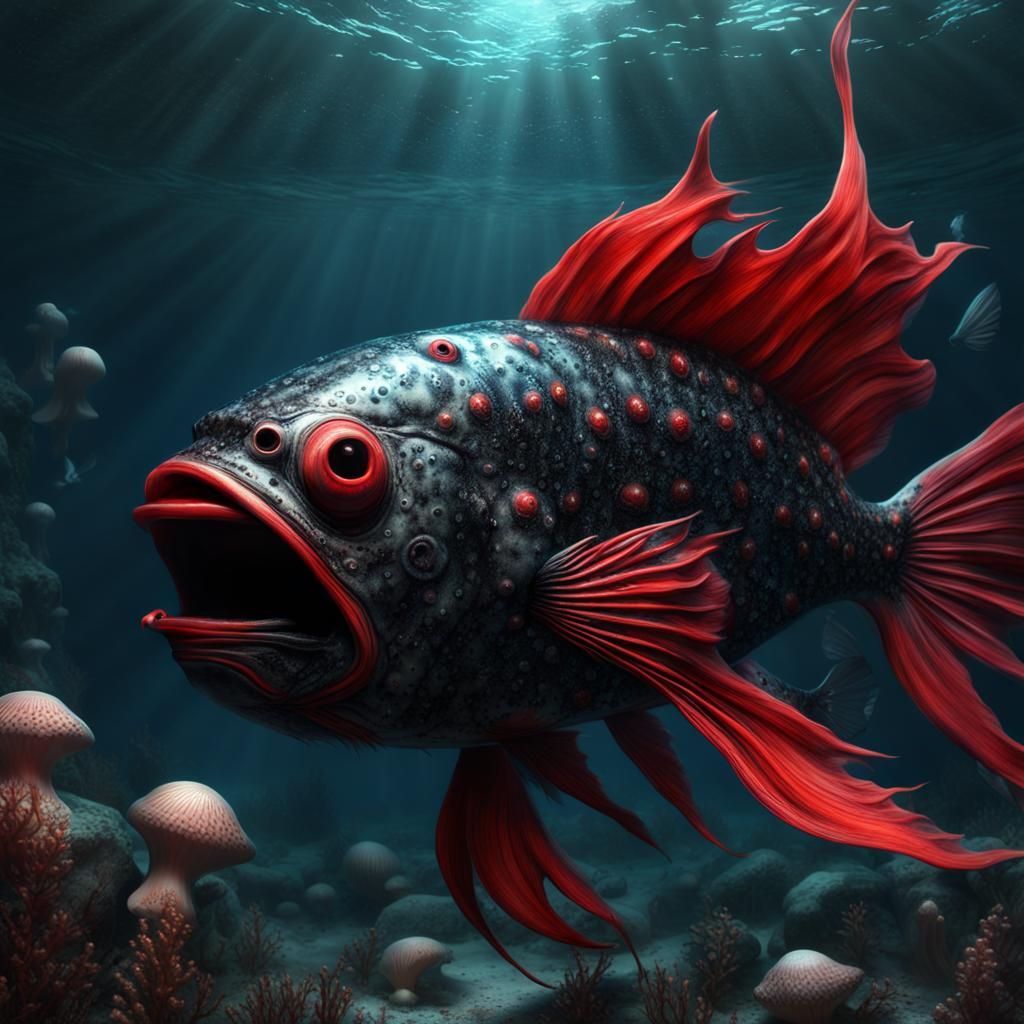 Intricate Cryptid Monster Fish in Dark Underwater Fantasy