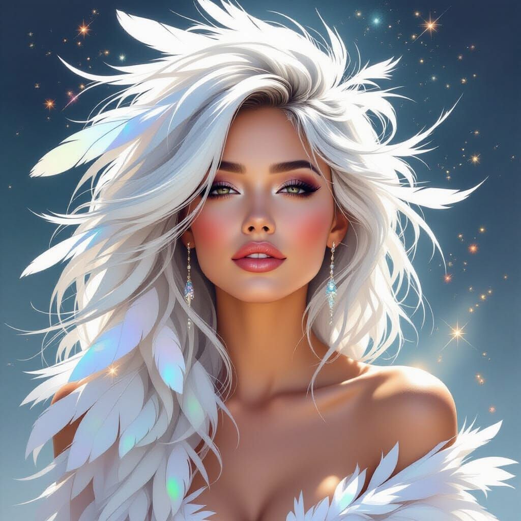 Ethereal Singer with Feather Hair in Watercolor Style