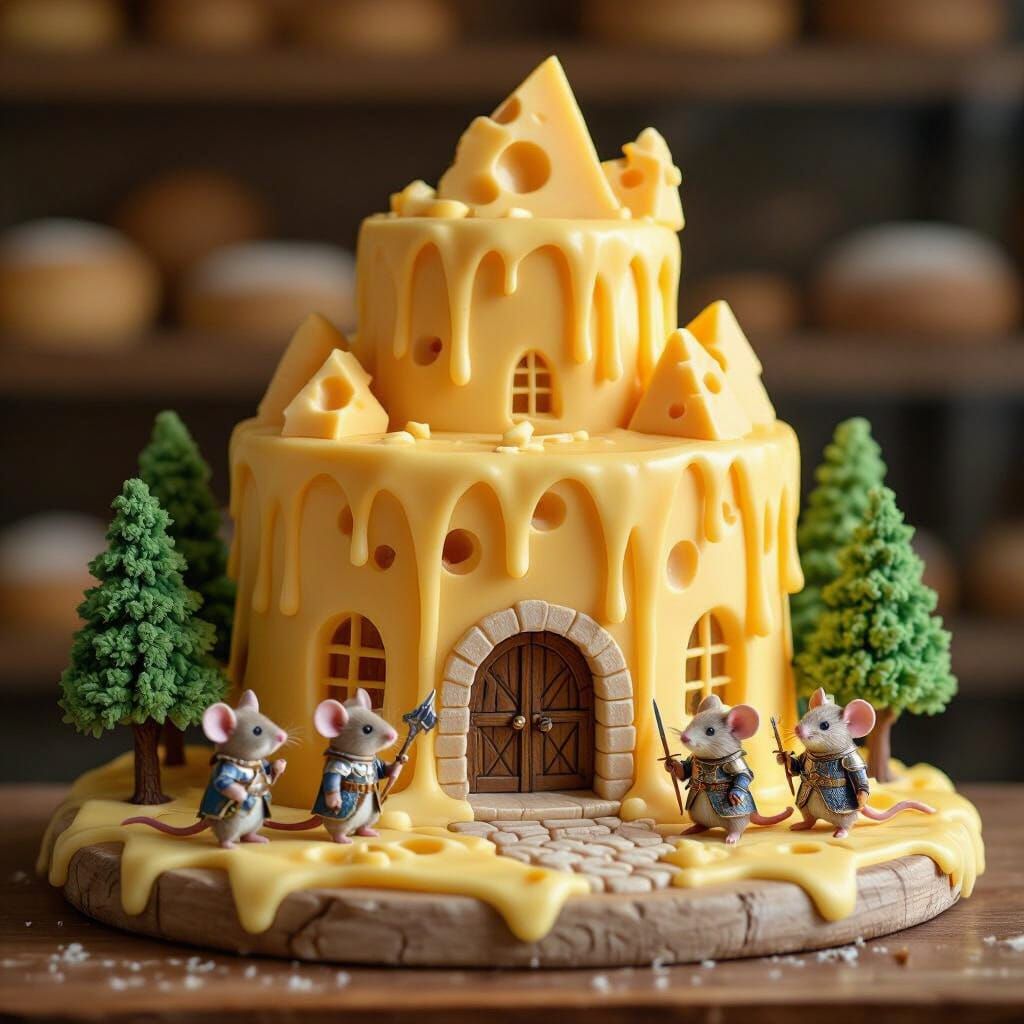 Whimsical Cheese Palace Guarded by Cute Mice