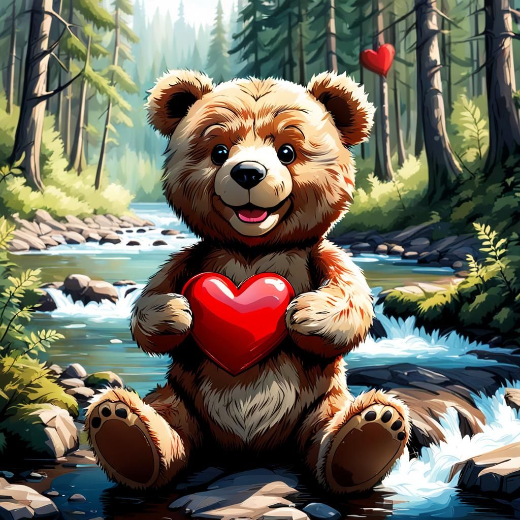 Teddy Bear with Red Heart in Forest