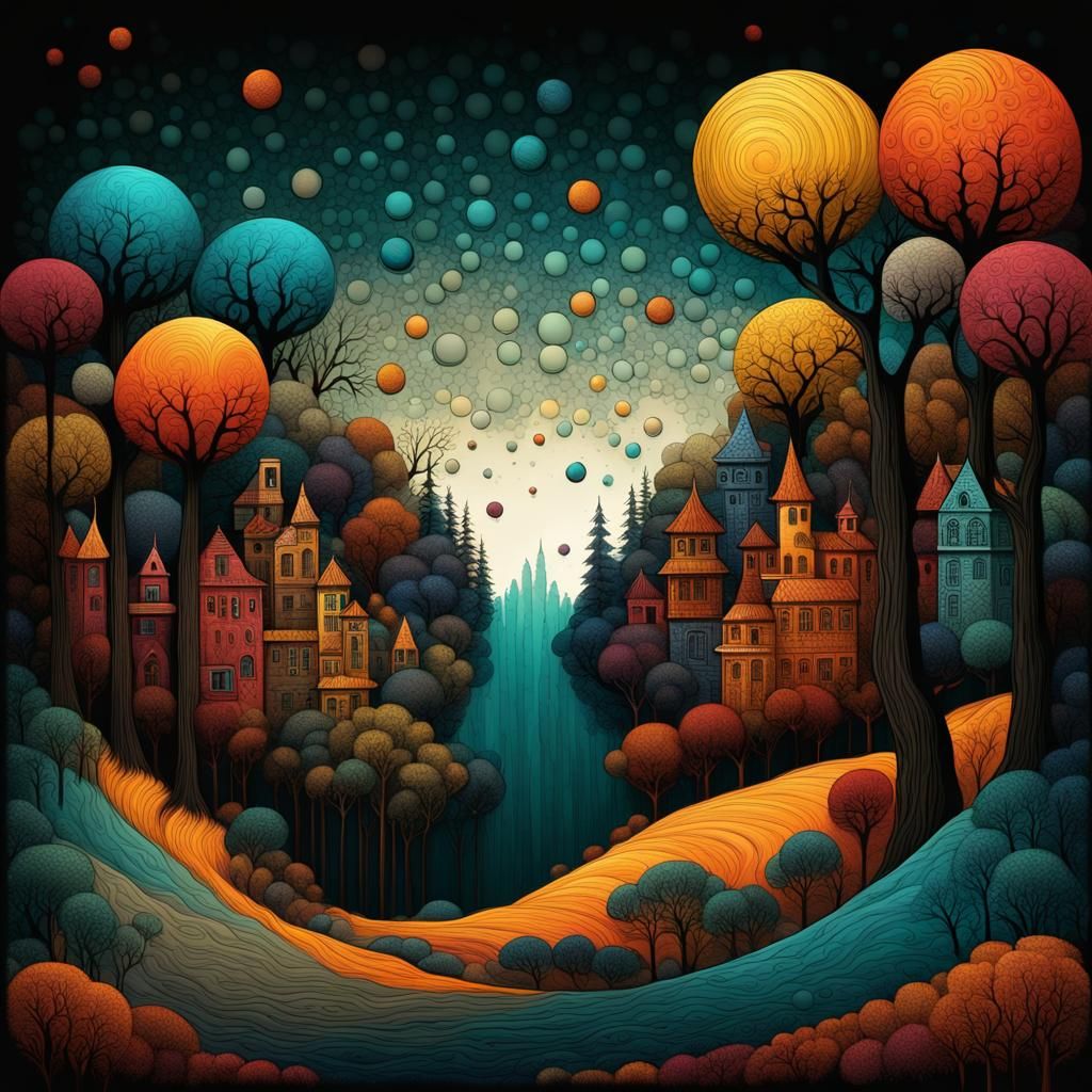 Monochrome World with Bouncing Orbs: A Surreal Illustration