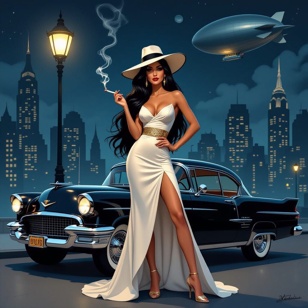 Woman in Fedora and White Gold Dress with Retro Car